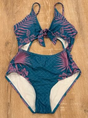 Teal and Purple Tropical Tie-Front One-Piece Swimsuit